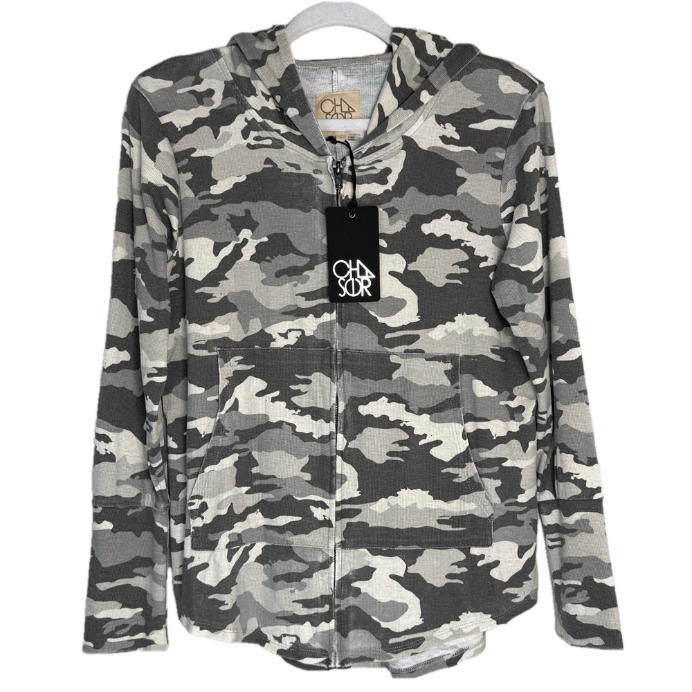 CHASER Women’s Size Small Grey Camo Ribbed Zip Up Long sleeve Hoodie NWT